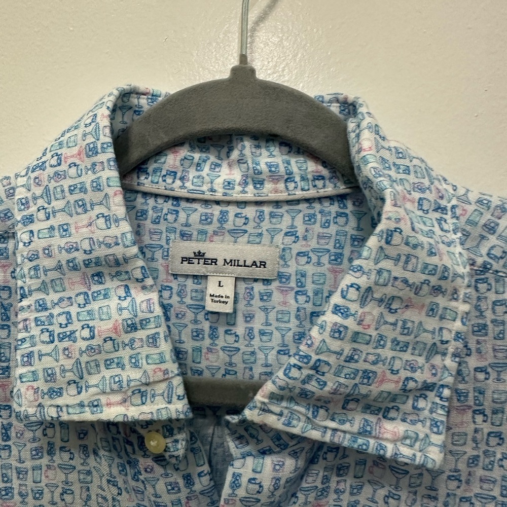 Peter Millar Cocktail Print 100% Linen Casual Button Down Shirt Sz L - Picture 2 of 7